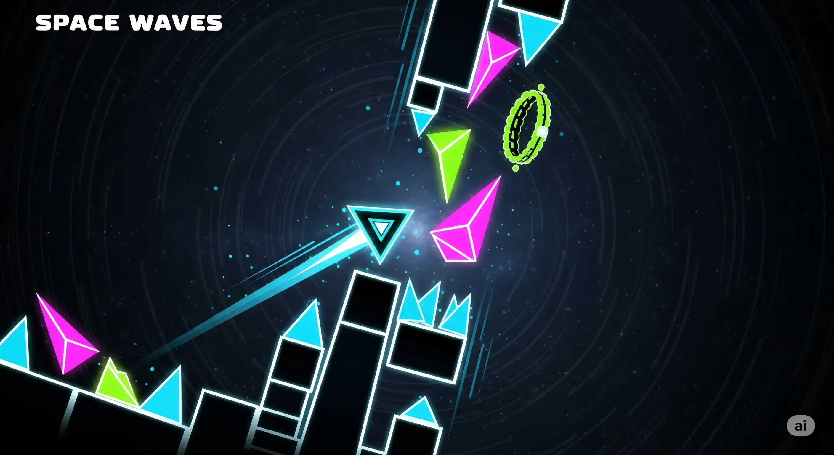 A dynamic screenshot of the Space Waves gameplay, showing the iconic triangular ship navigating through glowing, geometric obstacles.
