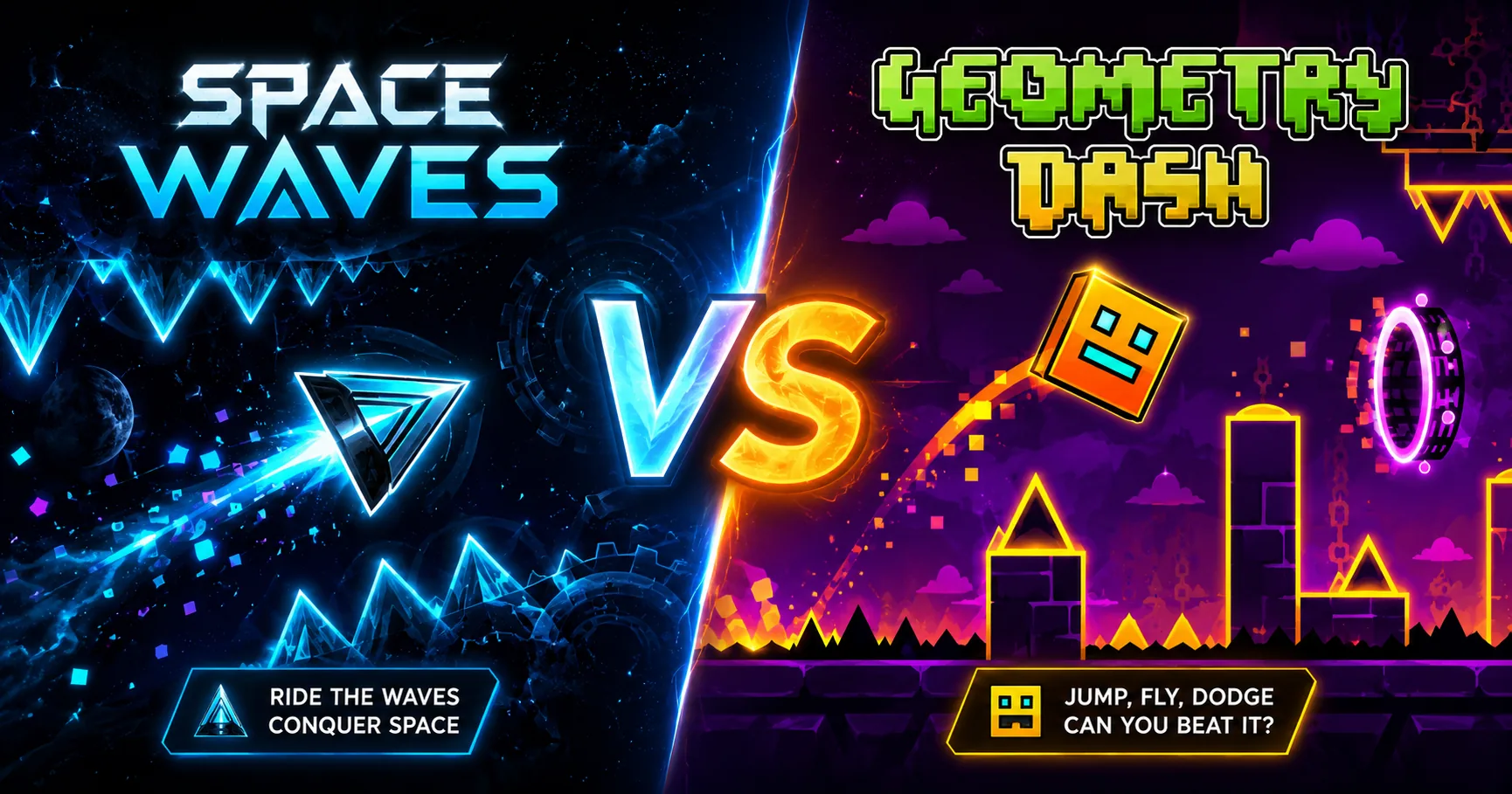 Side-by-side comparison of Space Waves and Geometry Dash wave mode gameplay